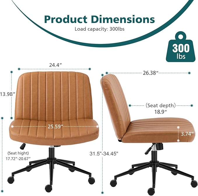 OLIXIS Criss Cross Chair with Wheels, Vanity Chair, Home Office Desk | Wide Seat Armless, Faux Leather, Height Adjustable Swivel Rolling, Home Computer Task Seating for Bedroom Study, Brown PU - Image 2