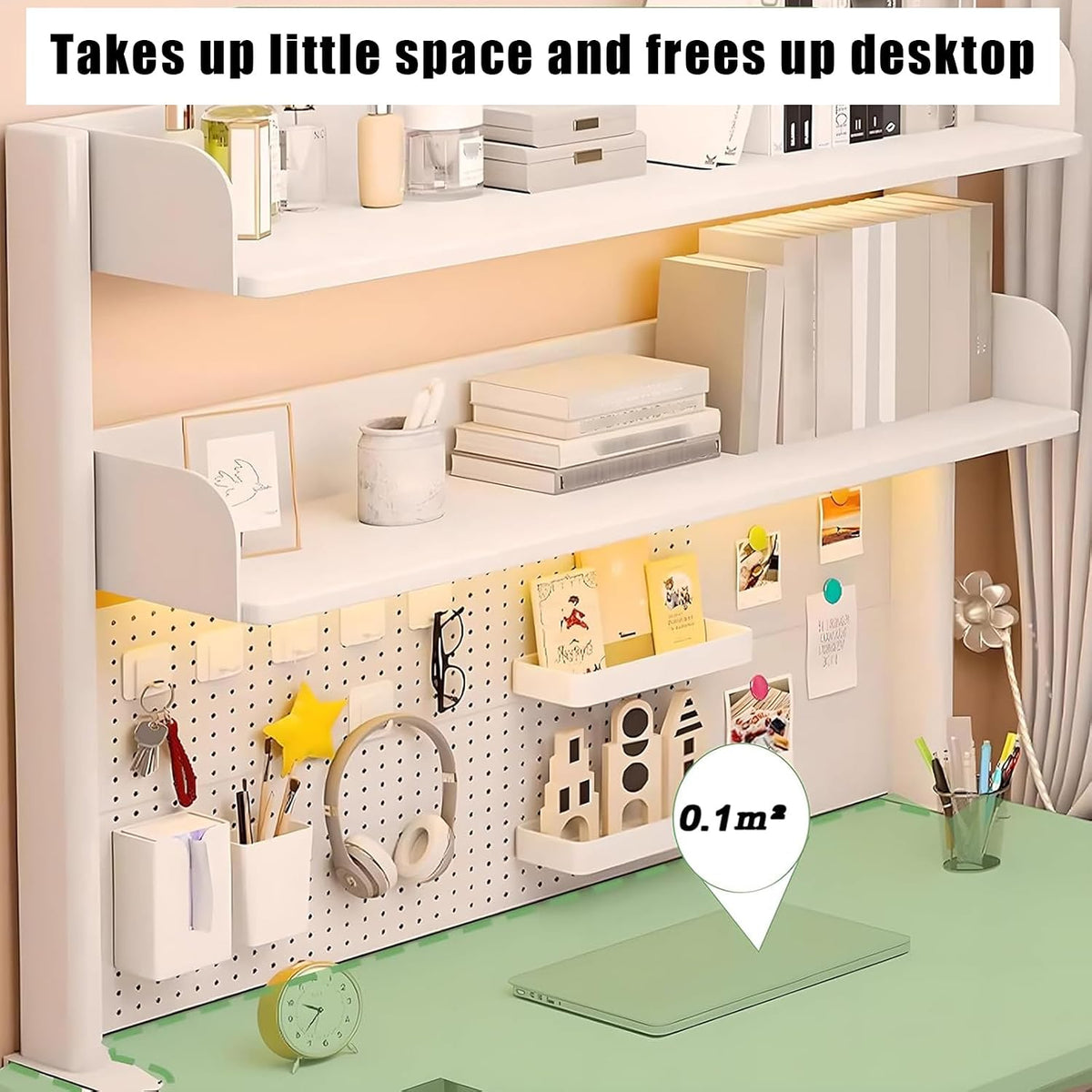 Computer Desktop Bookshelf with Pegboard,Clamp On Desk Organizer Shelf,Desktop Organizer Bookshelf Storage Shelves for Home Office Dorm Gaming Desk(31.4in, White) - Image 6