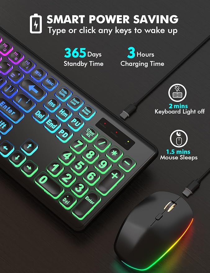 Wireless Keyboard and Mouse Combo with RGB Backlit, Rechargeable | Light Up Letters, Full-Size, Soft Typing, Sleep Mode, 2.4GHz Quiet Keyboard Set for Mac, Windows, Laptop, PC, Trueque KM42Pro - Image 4