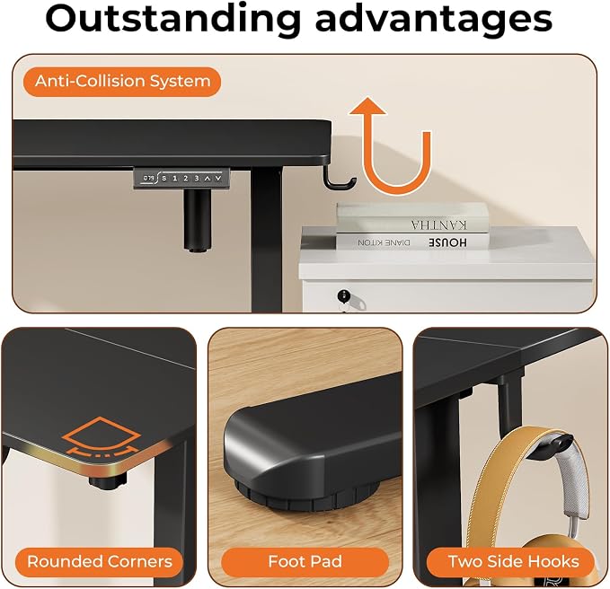 40" Electric Standing Desk, Black Standing Desk with 2 Hooks | Height Adjustable Sit Stand Desk with 2 Hooks, Stand up Desk with Splice Board & Sturdy Frame for Home Office - Image 6