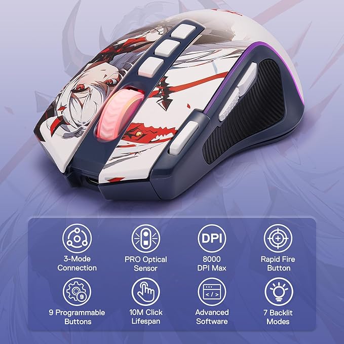 Redragon Anime Keyboard & Mouse Combo, K719 PRO KB + M612AK 8000 DPI Mice | Multi-Function Control Knob, LED Screen & Knob, 0-Delay Tri-Mode, 95 keys Creamy Cushioned Typing, 9 Button Macro Combos - Image 6