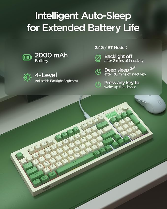 wegear Pastel Wireless Keyboard, Computer Gaming Keyboard -Green | with Media Knob, Tri-Mode Bluetooth/2.4GHz/USB-C Wired, Backlit, 94 Keys, Cute Creamy Keyboard for PC, Mac - Image 5