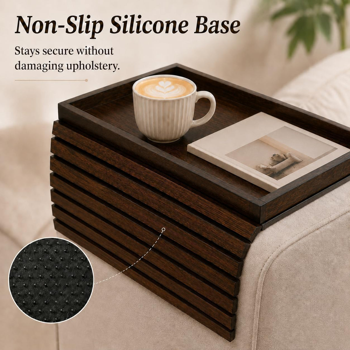 Bamboo Couch Arm Tray with Walnut Finish, Foldable Sofa Armrest Tray - Image 6
