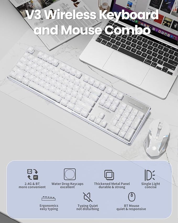 V3 Wireless Keyboard and Mouse with Single Backlit, Metal Panel, Bluetooth/2.4G Rechargeable Computer Keyboard and Mouse Combo Silent Lighted Full Size Cute Keyboards-White - Image 2