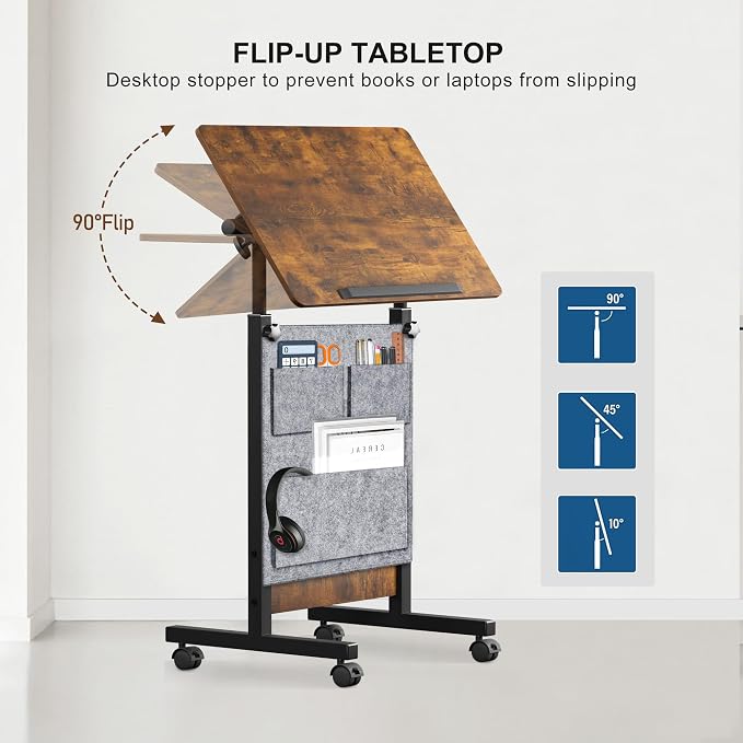 KOUPA Height Adjustable Flip Standing Desk with Wheels and Bag,24Inch | Portable Rolling Mobile Desk , 360° Flip Top, Sturdy Steel Frame, for Home Office, Small Spaces,Height 32"-47" Rustic Brown - Image 4