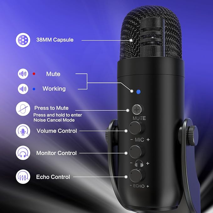 ZealSound Podcast Microphone for PC, Noise Cancellation USB Mic with Gain, Volume Adjustment & Mute Button, Monitoring & Echo, for YouTube, TikTok, Podcasting, Streaming, iPhone, iPad, Android, Mac - Image 6