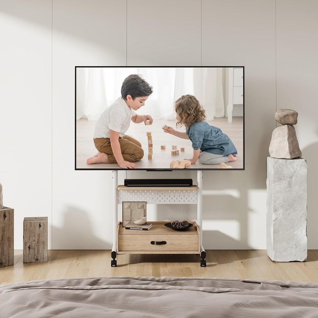 FITUEYES Rolling TV Stand on Wheels Lockable for 40-85 Inch TVs, White - Image 3