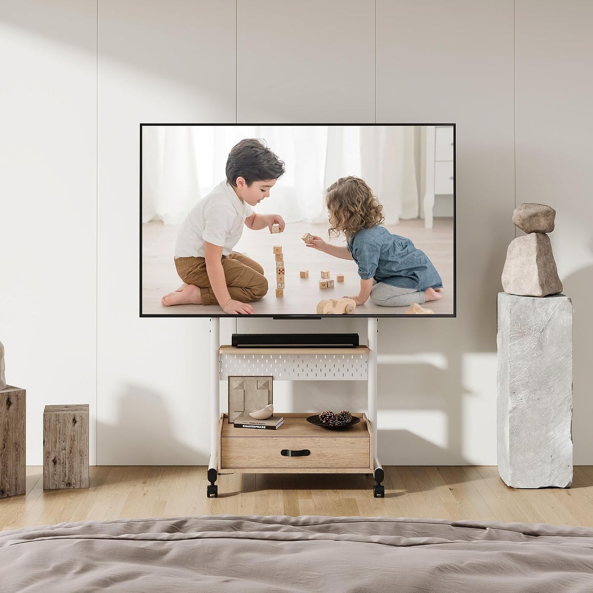 FITUEYES Rolling TV Stand on Wheels Lockable for 40-85 Inch TVs, White - Image 3