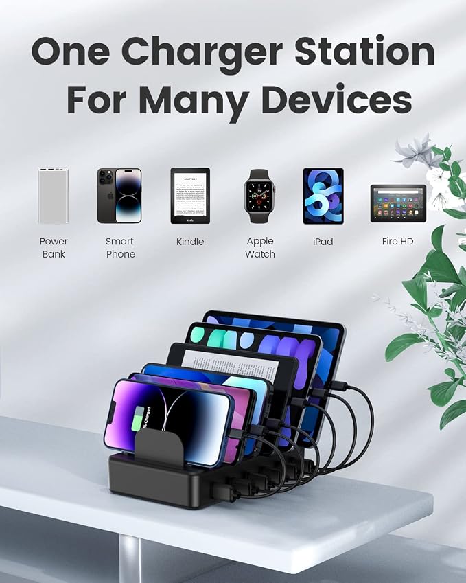 50W 6 Ports Multi Charger Station, USB Charging Dock for Multiple Devices | with 6 Cables, 1 USB-A to USB-C Adapter Converter, Compatible with Cellphone iPad Kindle Tablet and Other Electronic Devices - Image 4
