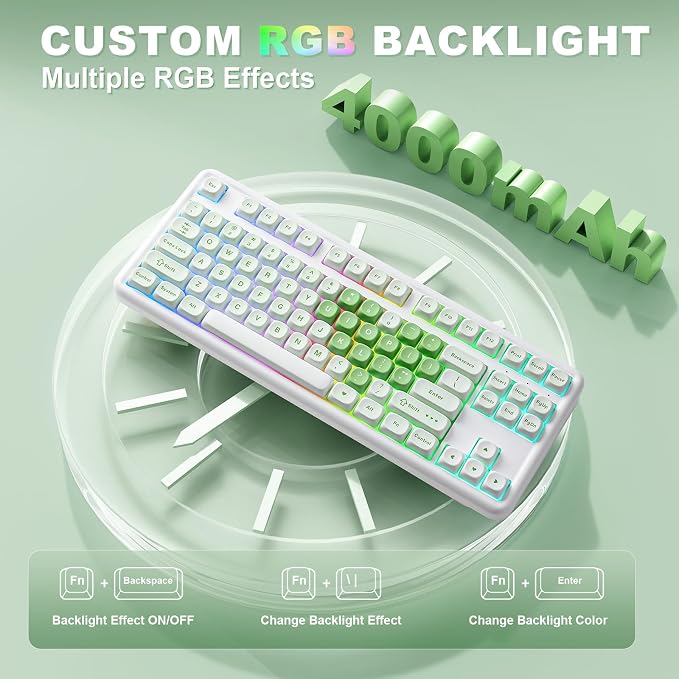 YUNZII B87 TKL Wireless Mechanical Keyboard (Matcha Heart, MilkV2) | QMK/VIA, Wrist Rest, CreamyTyping, Cute MOA Keycaps, Gasket Mount, Hot Swap, RGB Backlit, NKRO, BT/2.4G/USB-C, for Win/Mac - Image 7