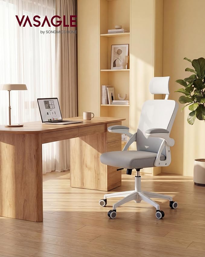 VASAGLE Office Chair, Adjustable Mesh with Lumbar Support and Headrest | Ergonomic desk chair, 90-105° tilt function, wide seat, flip-up armrests, Dove Gray UOBN044GD01S - Image 3