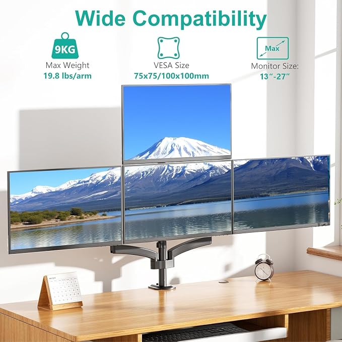 WALI Stacked 4 Monitor Mount for 13-27 inch Screens, 19.8 lbs per Arm | Tall Quad Monitor Stand for Desk, Full Motion with Tilt, Swivel, C-Clamp & Grommet Base, VESA 75/100mm (GSDM004S), Black - Image 2