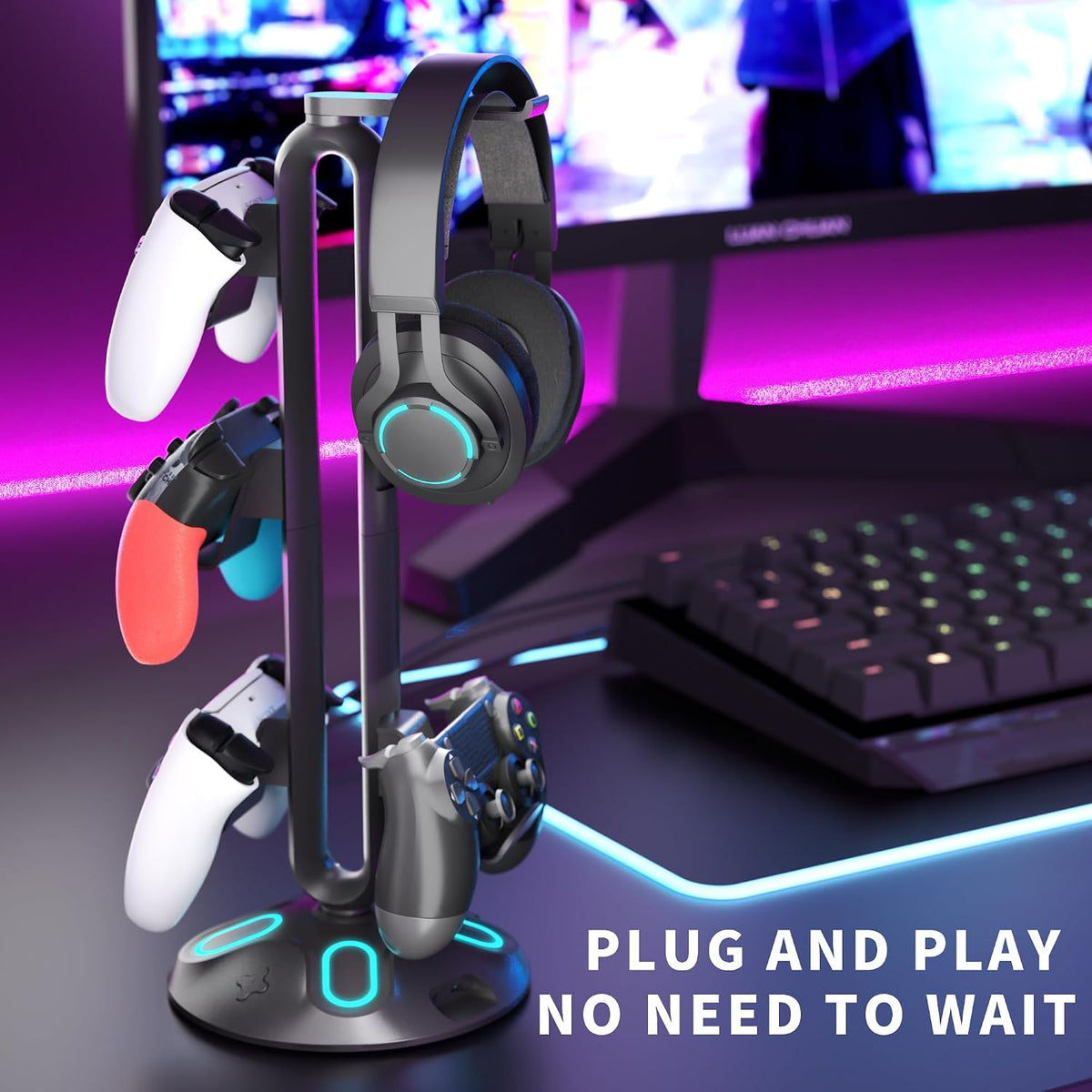 Gaming RGB Headphone Stand, Controller Holder with 9 Light Modes and 2 USB Charging Ports and 3.5mm & Type-C - Controller Stand Hanger Accessories for Desk and Gamer(Black) A - Image 5