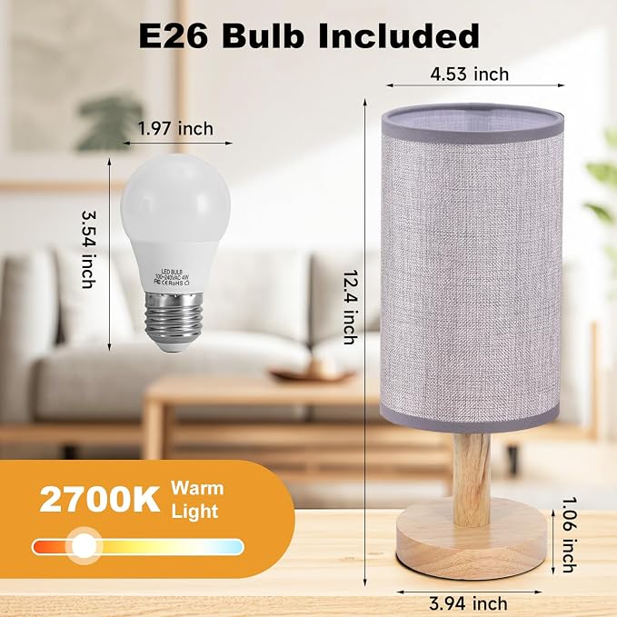 Gray Small Bedside Table Lamp for Bedroom,Natural Round Wood Base&Fabric Linen Shade,Cozy Night Table Light for Study Reading,Minimalist Boho Desk Lamp for Nightstand,Living Room,Nursery,Kitchen,Dorm - Image 4