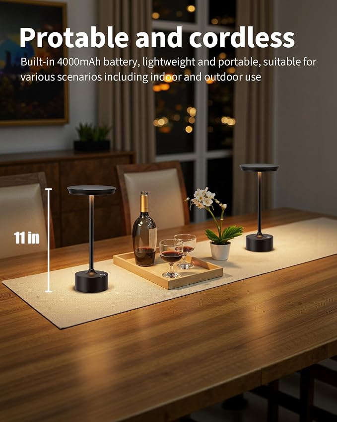 PUSU Rechargeable Table Lamps Set of 2, Black Cordless Portable Desk Lamp | 4000mAh Battery, Stepless Dimming & 3 Color 2700K-6000K, LED Lamp for Bedroom, Living Room, Restaurant, Outdoor, Night Light - Image 2