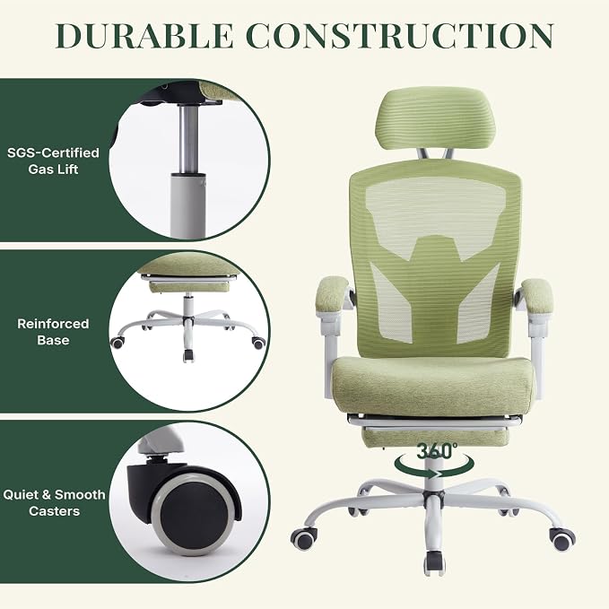 Ergonomic Office Chair with Footrest, Computer Gaming Chair | Adjustable Headrest, Lumbar Support, Swivel Reclining, Padded Armrest, Mesh High Back, Home Desk Work Study, Green - Image 8