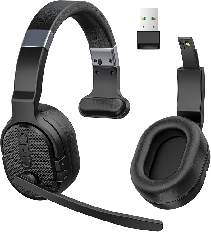 COSMUSIS Trucker Bluetooth Headset with Dongle, Wireless Headsets with Noise Cancelling Microphone, 50+Hrs HD Talktime Bluetooth Headphones with Detachable Earpad/Single+Dual Mode for Office/Driving | Trucker Headset with Noise Cancelling Headphones, L... by COSMUSIS