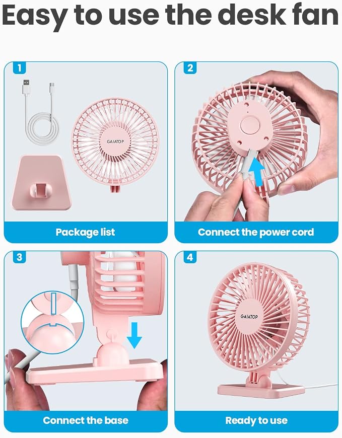Gaiatop USB Desk Fan, Personal Portable Quiet Small Table Desktop fan | Powerful Mini 3 Speeds, Adjustable Head, for Cooling Home Office Car Summer Travel Gifts Pink - Image 8