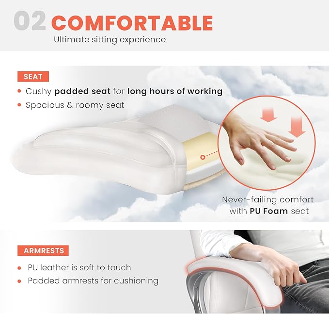 NEO CHAIR Office Desk Chair PU Leather Chair with Lumbar Support, All White | Ergonomic High Back Executive Computer Chair, Comfortable Padded Fixed Armrests Swivel Chair with Wheels for Office/Home - Image 4