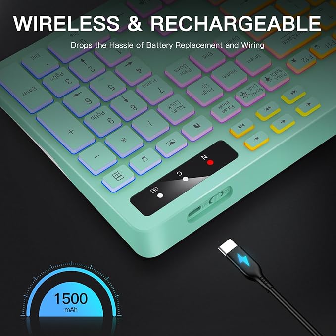 Wireless Keyboard with 7-Color RGB Backlit, Soueto Full-Size Computer Keyboard with Phone Tablet Holder, 2.4G Rechargeable Gaming Keyboard with Light Up Keys, Compatible with Mac, Windows (Mint Green) - Image 6