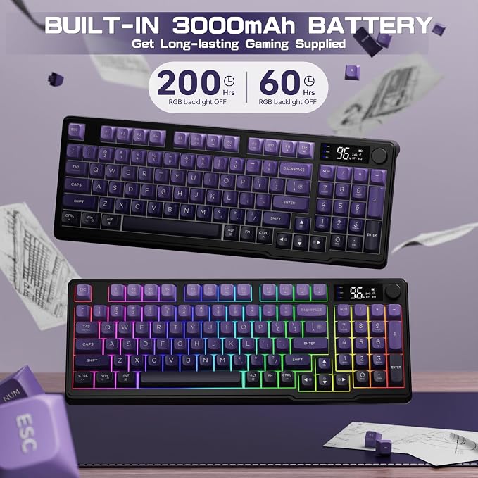 LexonElec M96 Wireless Keyboard, Low Profile Quiet Typing Membrane Gaming Keyboard with Smart Display & Knob, RGB Backlit, USB C Rechargeable, 94 Keys PBT Keycap for Windows PC,Mac,Linux-Grape Purple - Image 6