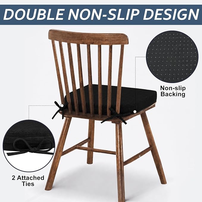 Basic Beyond Chair Cushions for Dining Chairs with Ties and Removable Cover, 2" Thick Seat Cushions for Kitchen Chairs, Set of 6, 17" x 16", Black - Image 3