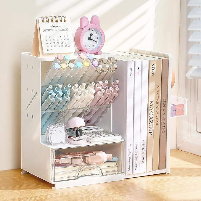 Sooez Desk Organizer with Bookends, Pegboard & Drawer, Pen & Pencil Holder | Desk Accessories with 5 Compartments, Teacher School Office Supplies, Dorm Room Organization Storage for Sticky Notes, Pink - Image 9