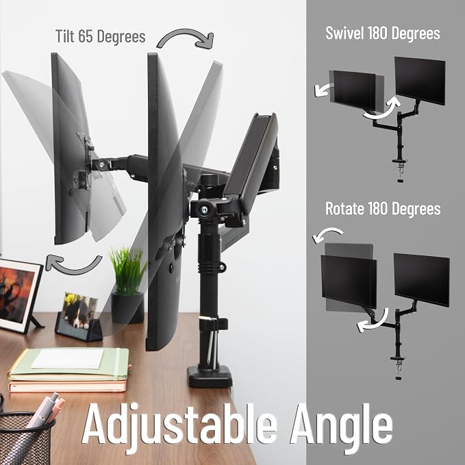 Mind Reader Dual Monitor Arm for 13–32 Inch Screens, Gas Spring VESA Desk Mount, ±180° Rotation, ±65° Tilt, ±180° Swivel, Holds up to 19.8 lbs Each, Integrated Cable Management, Black - Image 4