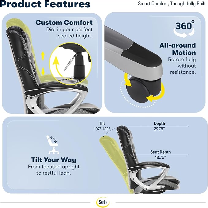 Serta Ergonomic Executive Office Chair, Padded Arms Mesh Back Leather Chair | Amplify, Contoured Lumbar Lower Back Support, Back Pain Relief, Adjustable Height & Recline, Work From Home Desk Chair, Gray - Image 7
