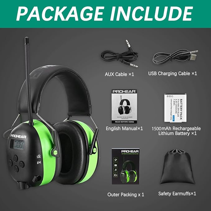 PROHEAR 033 Upgraded 5.4 Bluetooth Hearing Protection AM FM Radio Headphones, Noise Reduction Safety Earmuffs with Rechargeable 1500mAH Battery, 31dB SNR Ear Protector for Mowing Lawn,Gifts for Father - Image 7