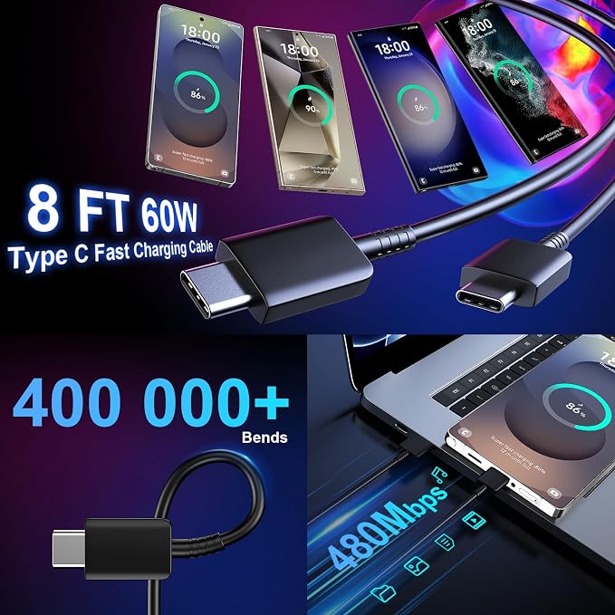 USB C Android Charger Fast Charging Cord, Super Fast Phone Chargers 8FT C to C Type Cable with 25W USBC Wall Block for Samsung Galaxy S26 S25 S24 Ultra Plus/S23/S22/S21/S20/Note 20/10, Black - Image 4