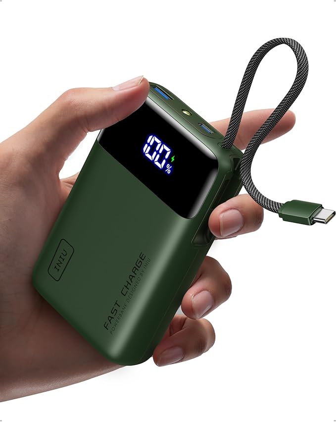 INIU Portable Charger, Smaller 45W Fast Charging Power Bank, 20000mAh Green | Flight-Safe, Built in USB-C Cable, Travel Essential, Battery Phone Pack for iPhone 17 16 Pro, Samsung S26, iPad etc, Green by INIU