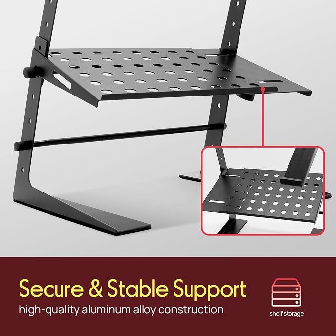 Pyle Adjustable DJ Laptop Stand with Two-Tier Storage Shelf – Portable Table for Laptop, CD Player, DJ Controller, EFX/Lighting Gear, 4 Heights, Durable, 8 lb Capacity - Image 6