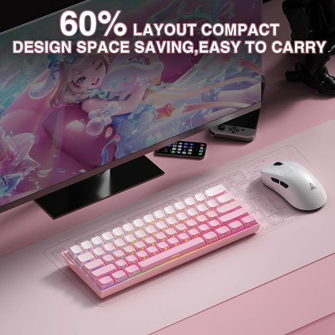 Aula MINI60 HE PRO Wireless Gaming Keyboard 60%,Hall Effect Rapid Trigger Magnetic Keyboard,8000Hz Polling,Tri-Mode(BT5.0/2.4GHz/USB-C),RGB Hot Swappable Compact Pink Mechanical Keyboard for Gamer - Image 4