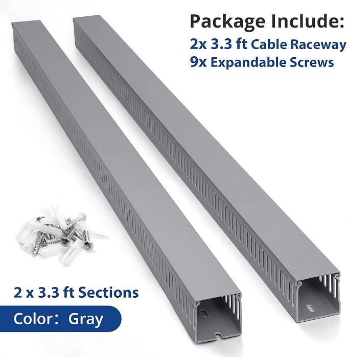 ZhiYo 2" H x 2" W Cable Raceway, Under Desk Wire Management Channel Grey | Slotted Wire Duct, 2 Pack(3.3ft Each), Heavy-Duty PVC Cable Management for Server Racks, Network Cables & Electrical Cabinets - Image 5