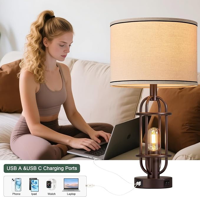 Reaketon Living Room Lamps Set of 2, 22.3" Farmhouse Table Lamp for Bedroom, Vintage Lamps for Night Stands with USB Ports, Oil Rubbed Bronze - Image 3