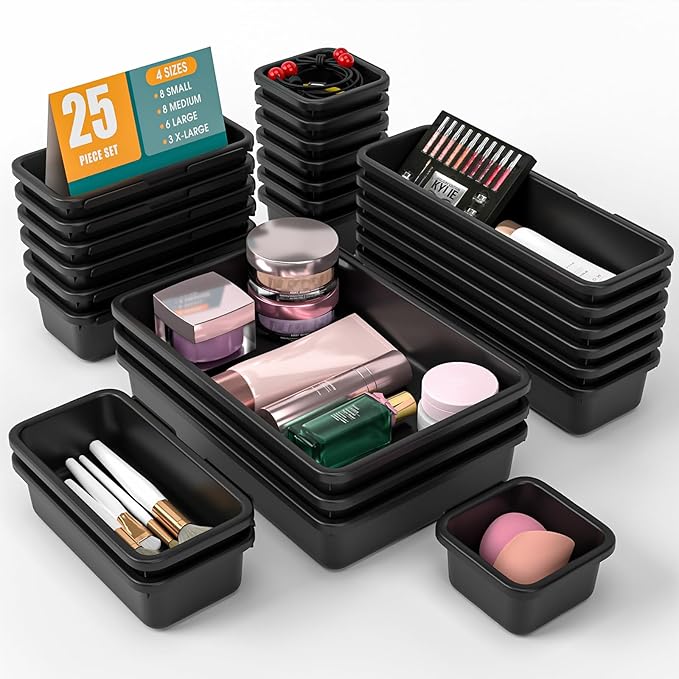25 PCS Drawer Organizer Set, 4 Size Makeup Drawer Divider Organizer With Non-Slip Pads, Interlocking Plastic Storage Bins for Office,Jewelry Vanity,Gadgets, Bathroom,Kitchen, Black by StoreHappily