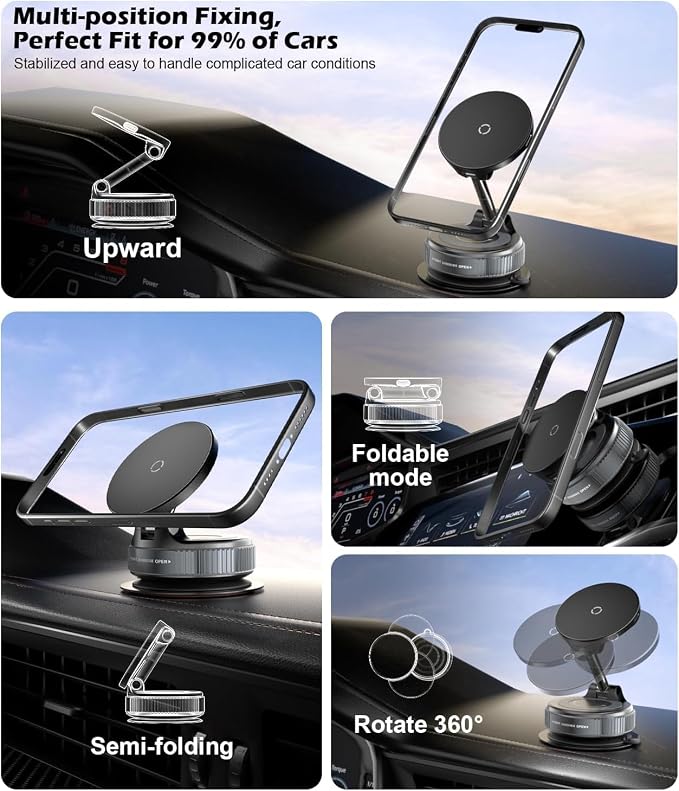 CloudValley 15W Fast Wireless Charger Car Phone Mount Charger with Type-C Fast Car Charger, Vacuum Suction Cup Magnetic Phone Holder Design for MagSafe iPhone 17 Pro Max 16-12 Series,Pixel 10 Pro XL - Image 3