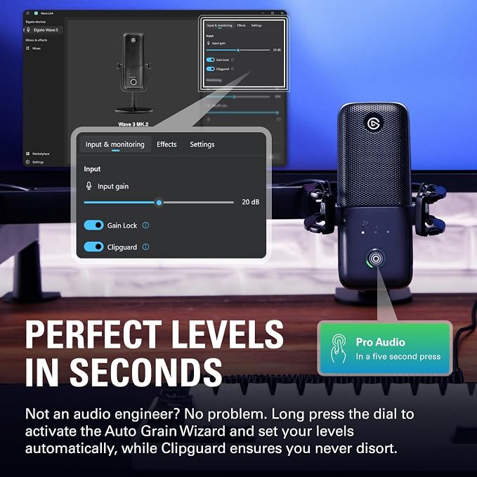 Elgato Wave:3 MK.2 USB Condenser Microphone, DSP Effects | Clipguard 2.0 protection, Auto Gain calibration, Onboard voice enhancer, compressor, EQ, Multifunction dial, USB-C - Image 7