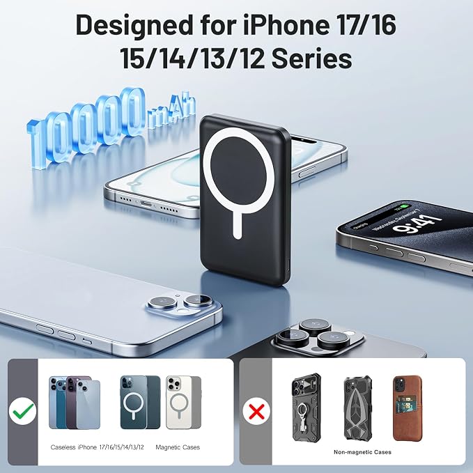 AOGUERBE for MagSafe Portable Charger, 10000mAh Magnetic Power Bank 22.5W Fast Charging, Mini Battery Pack Wireless with LED Display&Foldable Stand for iPhone 17/16/15/14/13/12 Series (Obsidian Black) | Power Bank with Stand, 22.5W Fast Charging, LED D... - Image 3