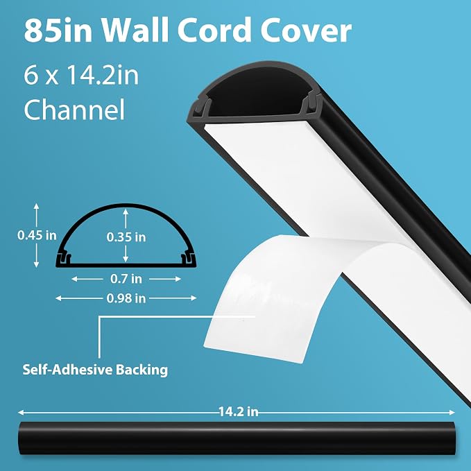 ZhiYo 85in Cord Covers for 1-2 Wires on Wall, D-Shaped 1" W x 0.4" H, Black | Curved Design, Low-Profile Cord Hider, Self-Adhesive Cable Management Raceway for Wall-Mounted TV Wires, 6 Pack (14.2" Each) - Image 2