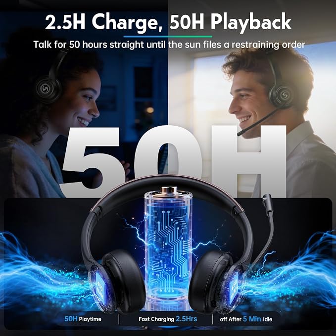 Wireless Headset with Mic for Work, Dual-Mode Headphones 50H Talk | ENC Noise-canceling Microphone, Bluetooth& 2.4GHz Dongle, Clear Calls & Mic Mute, for Laptop, PC, Phone, Office, Call Center - Image 6