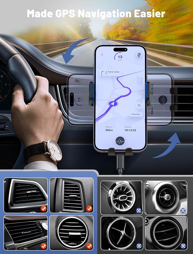 Wireless Car Charger Auto-Clamping Air Vent Car Mount 15W Fast Charging | Car Phone Holder Compatible for iPhone 17/16/15/14/13/13 Pro/12 Pro Max/12 pro/12/11/10, Samsung Galaxy Series Blue - Image 3