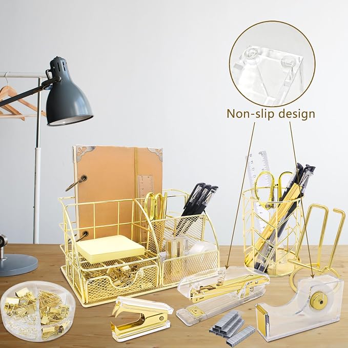 Office Desk Organizers, Gold 13PCS Office Supplies and Accessories Desk Organizer, Acrylic Stapler, Staple Remover, Clips, Scissor, Phone Holder, Pen, Pen Holder - Image 6