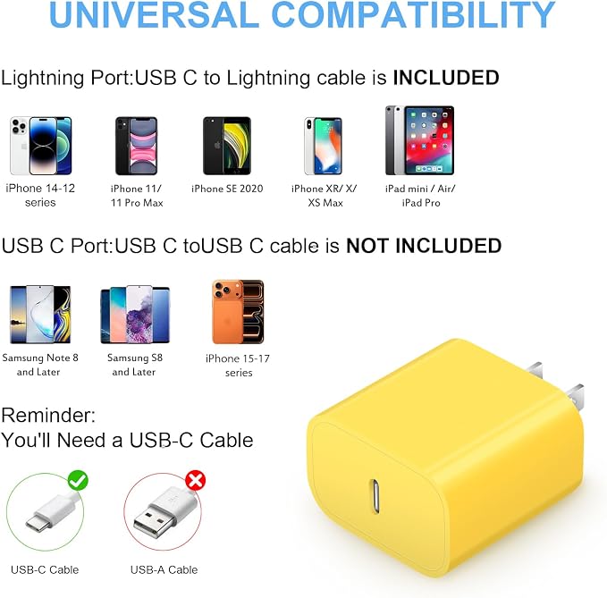 iPhone Fast Charger 3+3Pack 20W USB C Wall Charger with 6FT Fast Charging Cable Compatible with iPhone 14/13/12/11/Pro/Pro Max-Yellow - Image 4