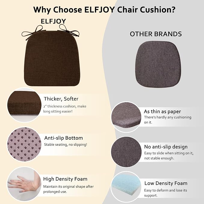 ELFJOY Non-Slip Chair Cushions for Dining Chairs Coffee 16.7"x16" | 4 Pack, with Ties and Washable Cover, U Shape, Breathable Fabric, for Kitchen Dining Office Folding Chairs，Comfortable - Image 8