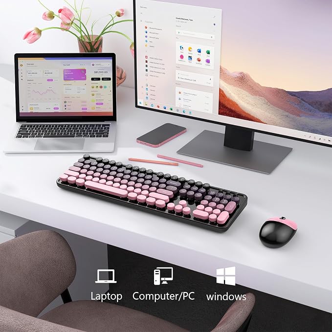 MOFII Wireless Keyboard and Mouse Combo, 2.4 GHz Full-Size Retro Round Keyboard and Mouse, Plug and Play, 8 Multimedia & Shortcut Keys for Mac, Windows, Laptop/Desktop/PC - Pink Gradient - Image 7