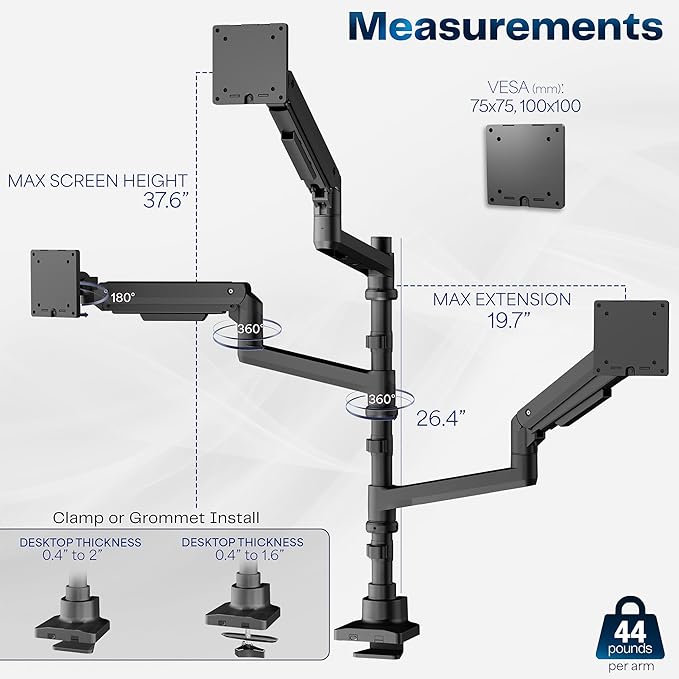 VIVO Pneumatic Arm Triple Ultrawide Monitor Extra Tall Desk Mount for Up to 49 inch Screens, Heavy Duty Clamp, Holds 3 Ultra Wides Up to 44 lbs, Black, STAND-V300D - Image 3