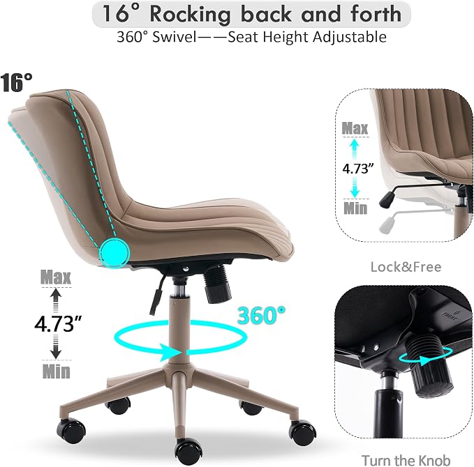 YOUNIKE Office Desk Chair with Wheels Armless Vanity Chair Ergonomic Khaki | Faux Leather Upholstered with Rocking Back, Swivel Height Adjustable, Modern Small Cute Task Chair For Sewing Drafting - Image 3