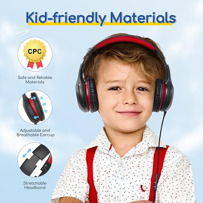 EarFun K1 Kids Headphones Wired with Mic, Volume Limit Headphones for Kids | Portable Wired Headphone with Shareport, Stereo Sound, Foldable Headset for School/Toddler/Tablet/iPad/Kindle, Black Red - Image 4